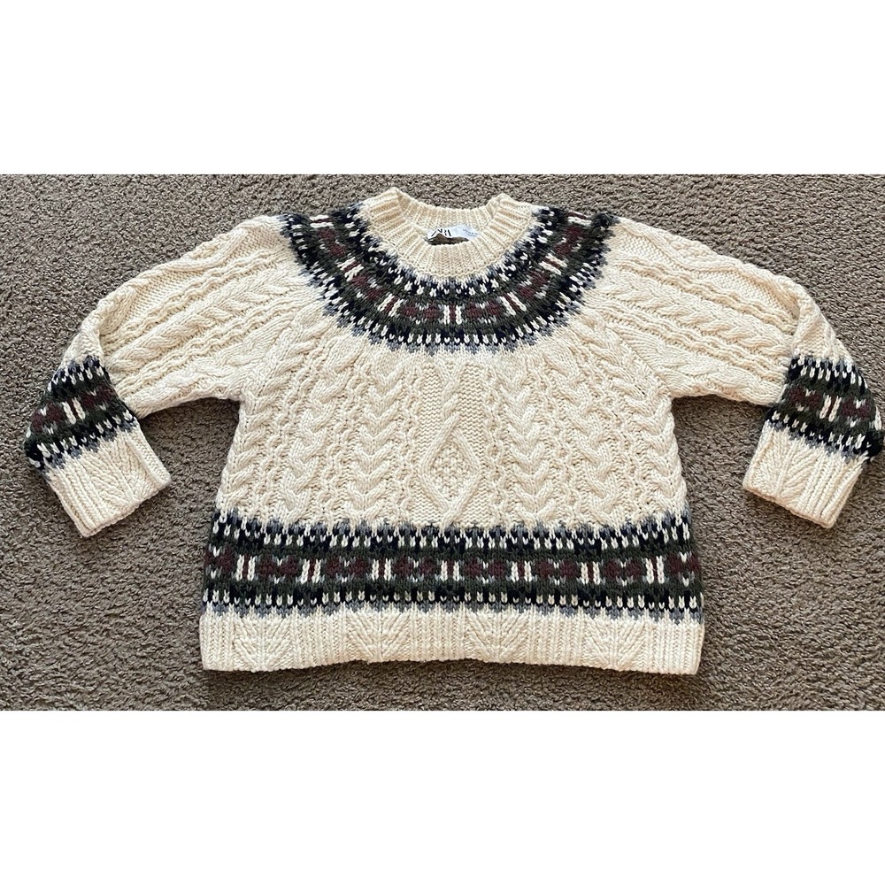 Zara Women's Fair Isle Sweater Beige Knit Wool Cotton Blend Size Medium